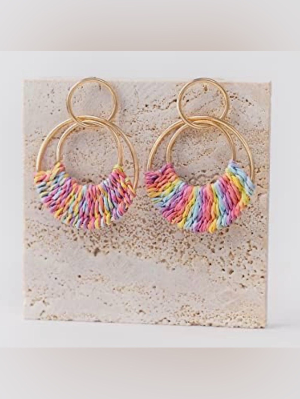 New Gold Tone Round Drop Dangle Earrings Pastel Woven Raffia Bohemian Posts - Picture 8 of 9